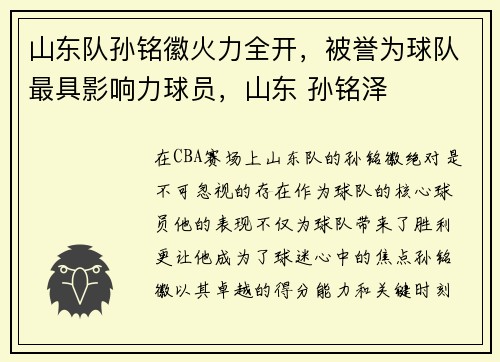 山东队孙铭徽火力全开,被誉为球队最具影响力球员,山东 孙铭泽