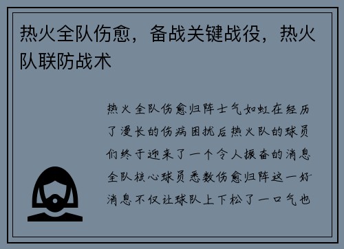 热火全队伤愈,备战关键战役,热火队联防战术