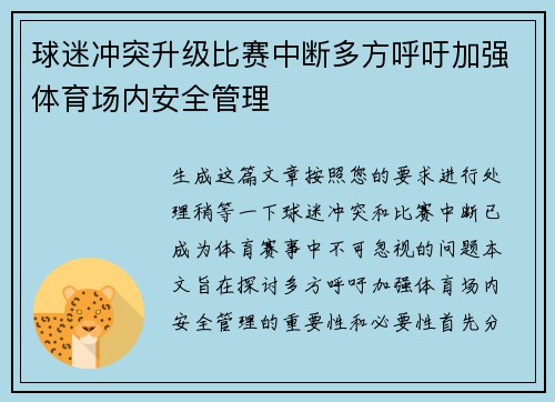 球迷冲突升级比赛中断多方呼吁加强体育场内安全管理