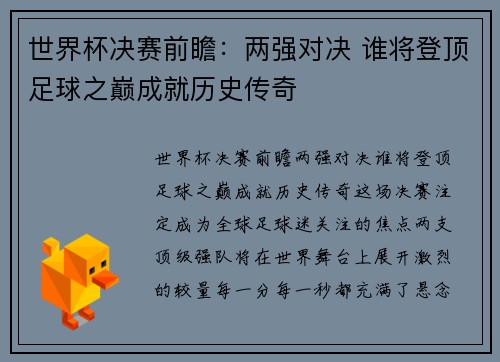 世界杯决赛前瞻:两强对决 谁将登顶足球之巅成就历史传奇