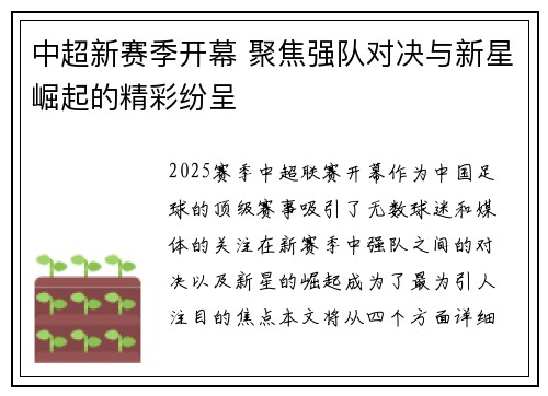 中超新赛季开幕 聚焦强队对决与新星崛起的精彩纷呈